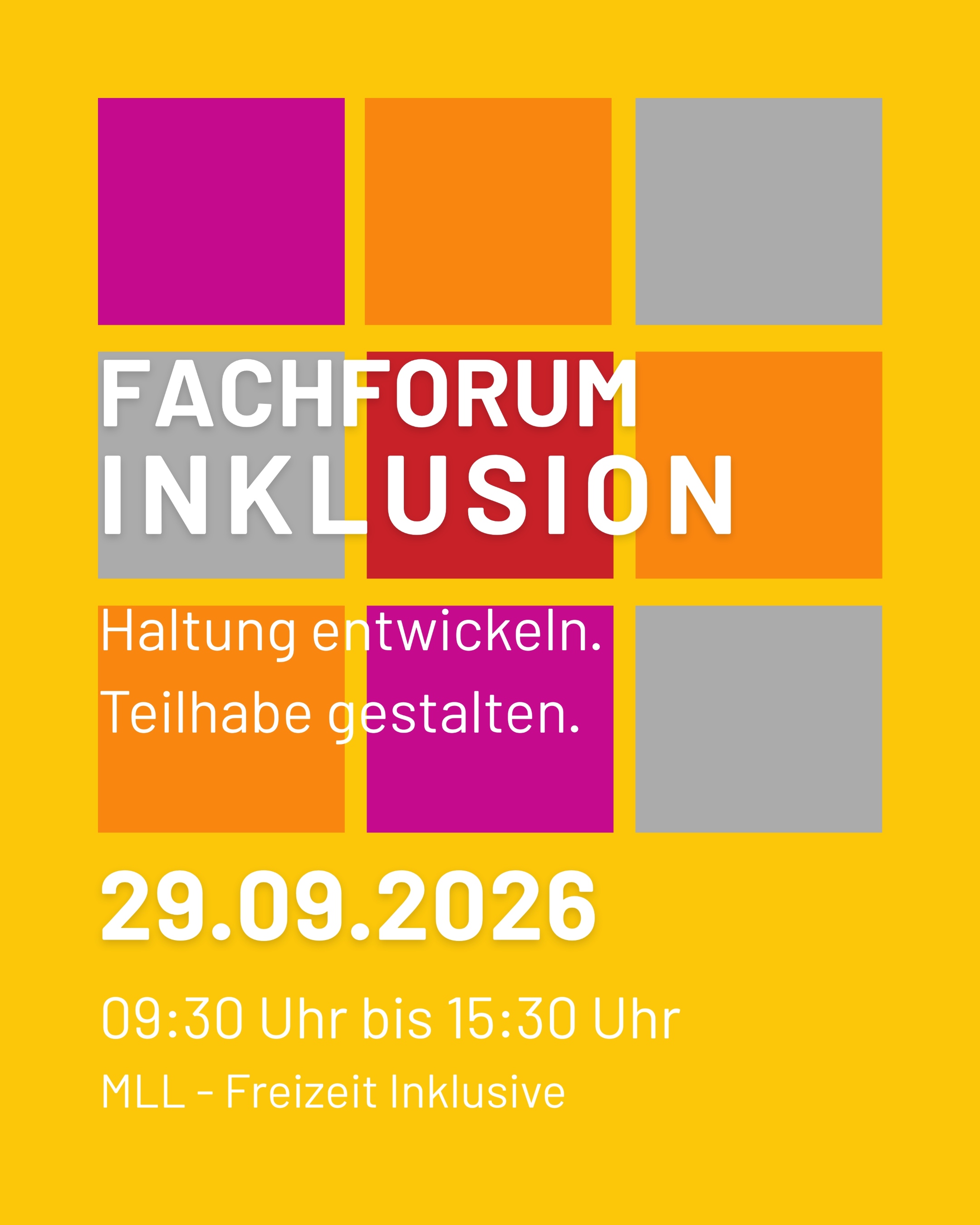 Fachforum Inklusion_Bild für JubitApp Titel der Veranstaltung vor dem Hintergrund aus bunten Kacheln